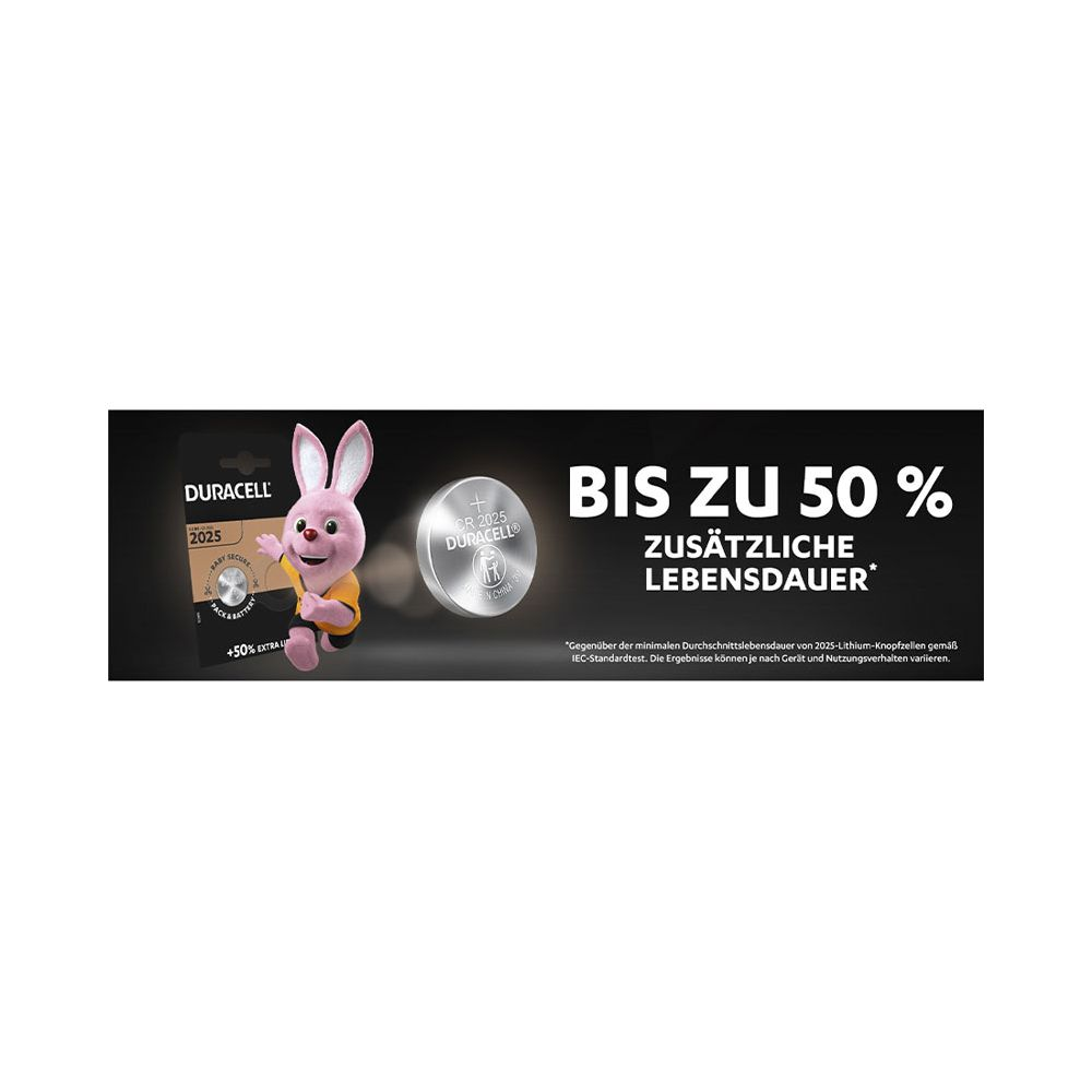 Duracell 2025 batterij met konijnenmascotte en tekst: Tot 50% extra levensduur.