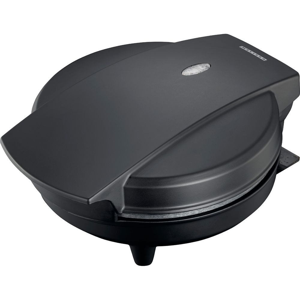 Black closed waffle maker with handle and indicator light.