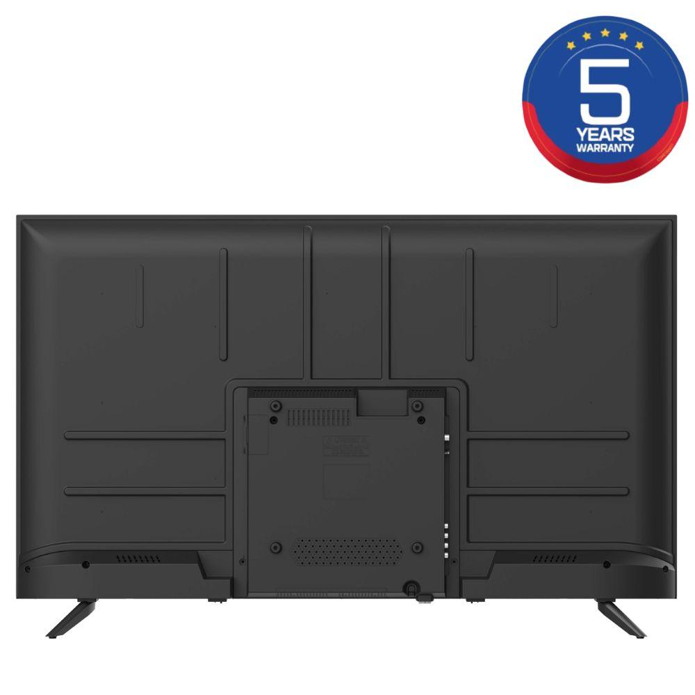 Vista trasera de un televisor negro con su soporte y un logo de 5 años de garantía.