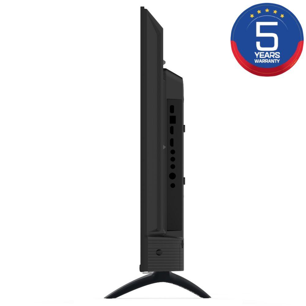 Vista lateral de un televisor negro con logo de 5 años de garantía.