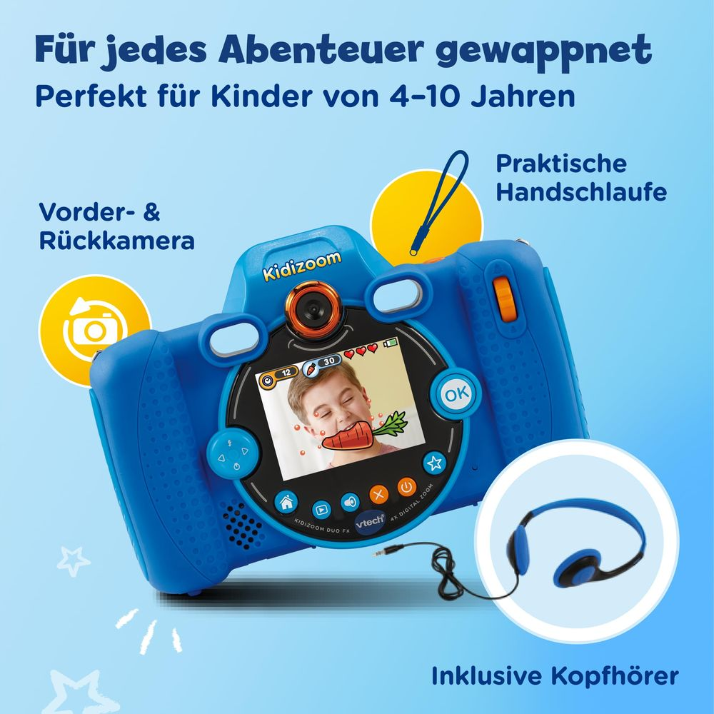 Blaue Kidizoom Kamera mit Kopfhörern, Armband und Text.