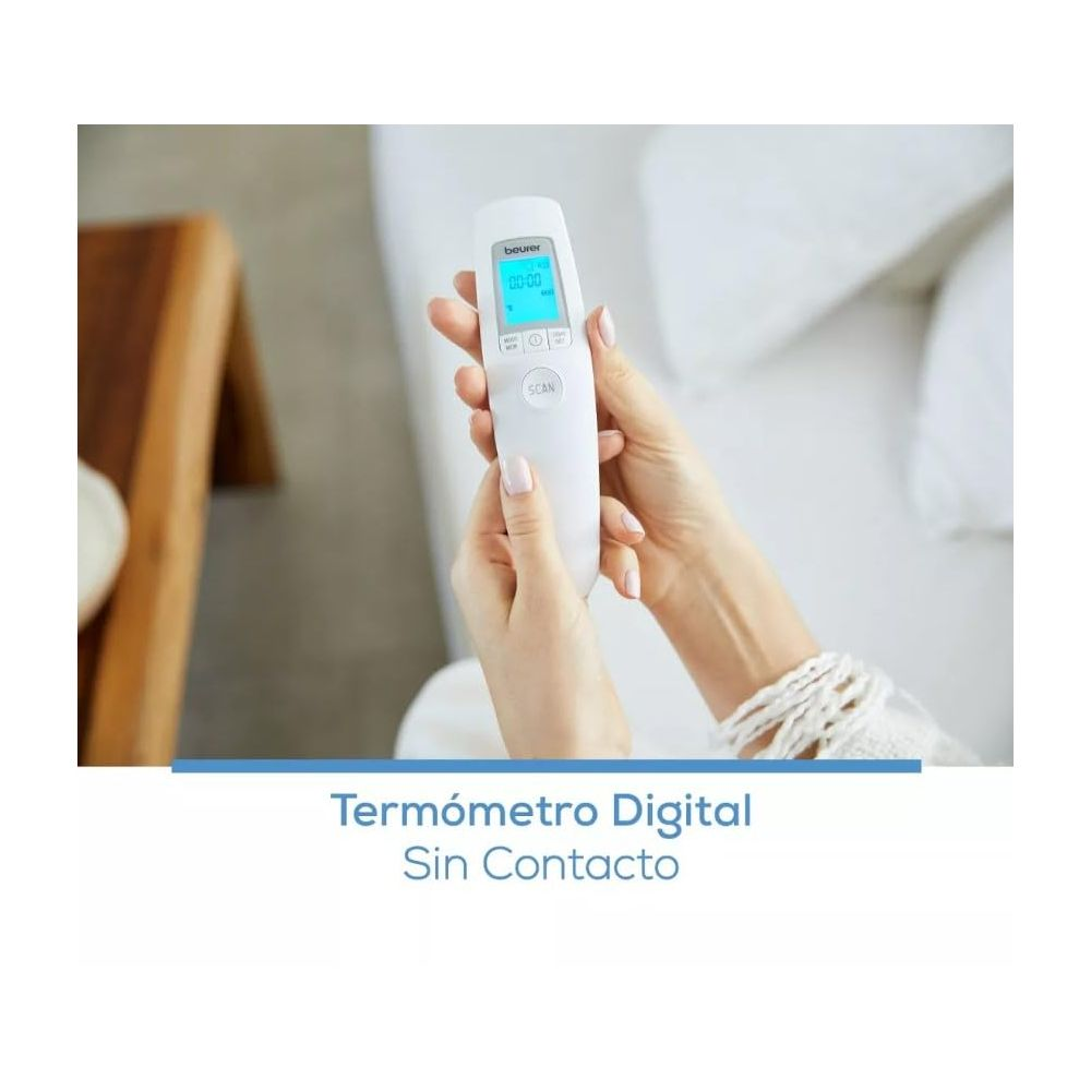 Eine Person hält ein weißes digitales Thermometer mit blauem Bildschirm und der Aufschrift „00:00“.