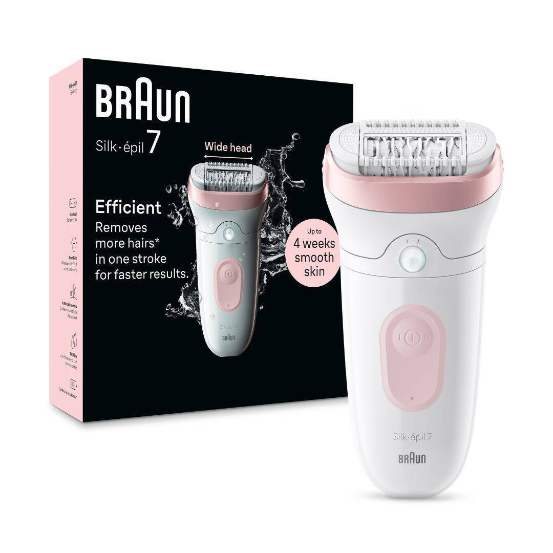Depilator Braun Silk-épil 7 i pudełko. Białe i różowe urządzenie z szeroką głowicą. Zapewnia gładką skórę.