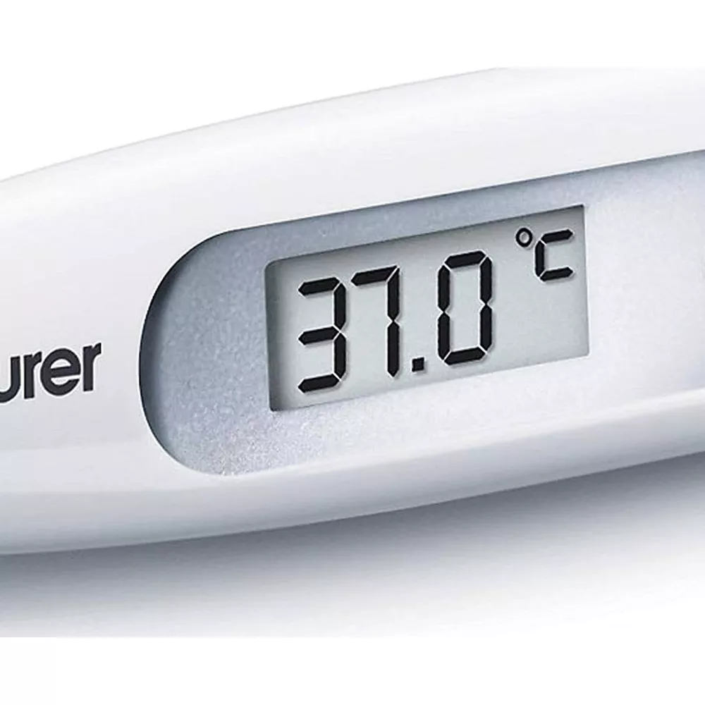 Digital thermometer displays 37.0 degrees Celsius.