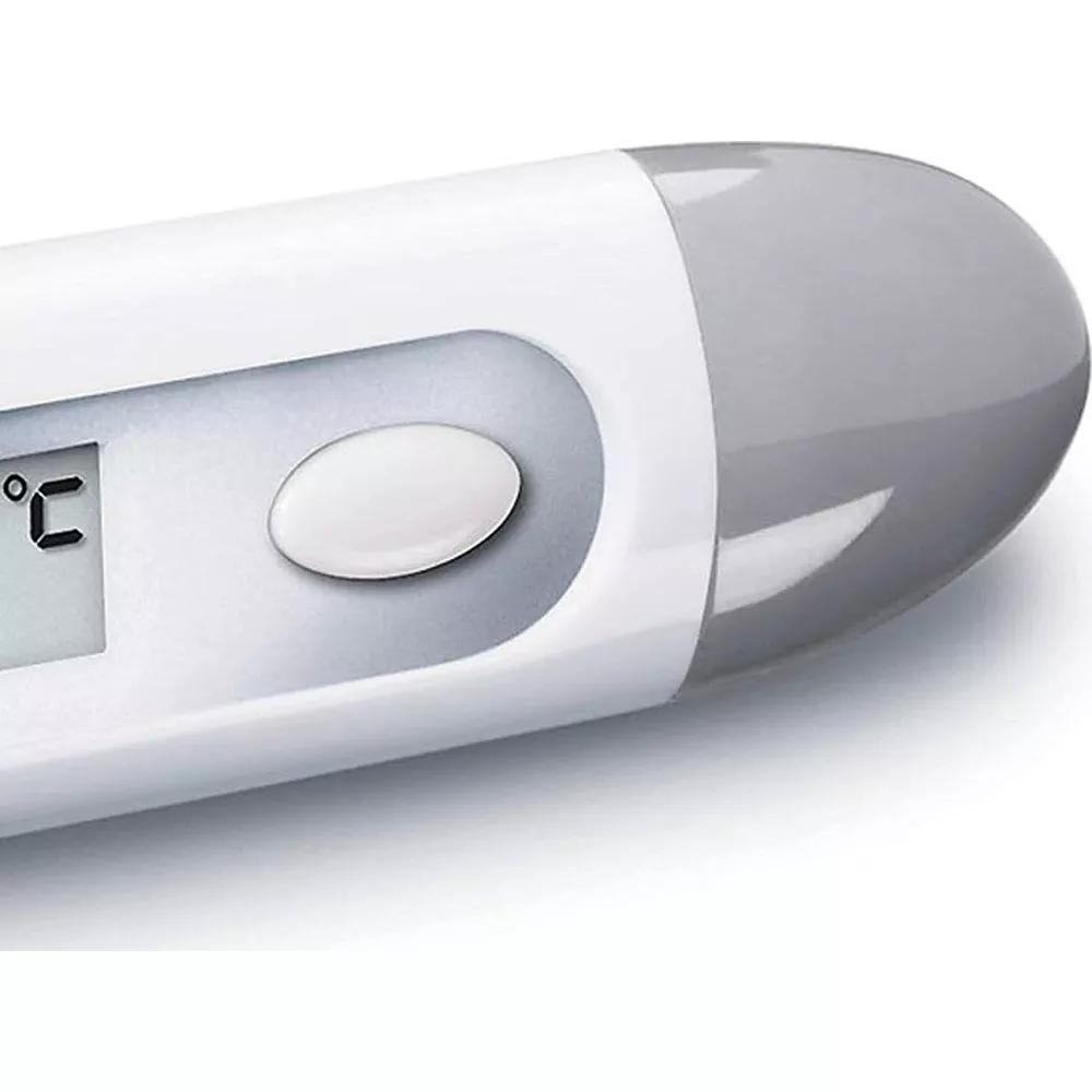 Close-up of a digital thermometer with a gray and white casing.