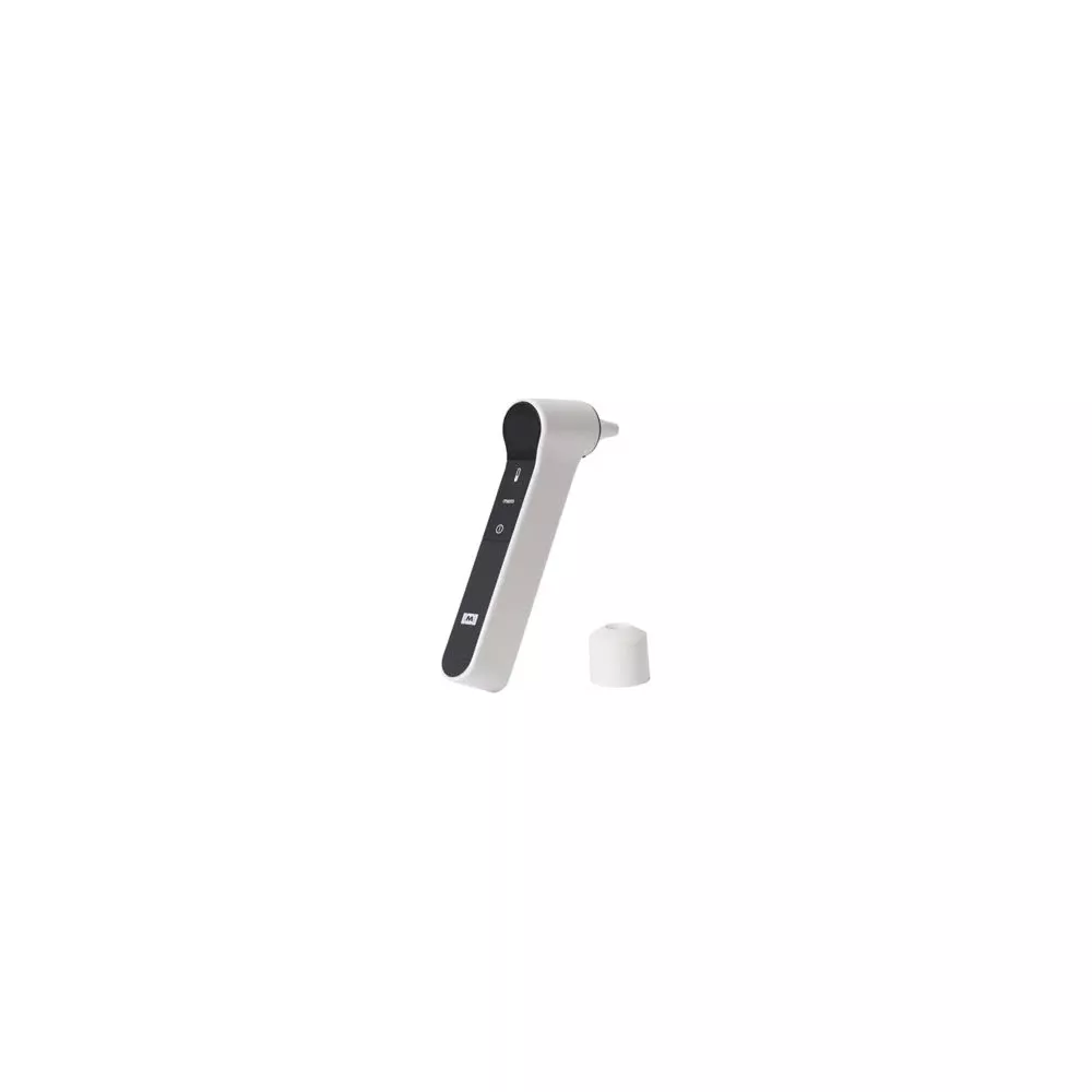 Ein digitales Thermometer und eine weiße Kappe auf weißem Hintergrund.