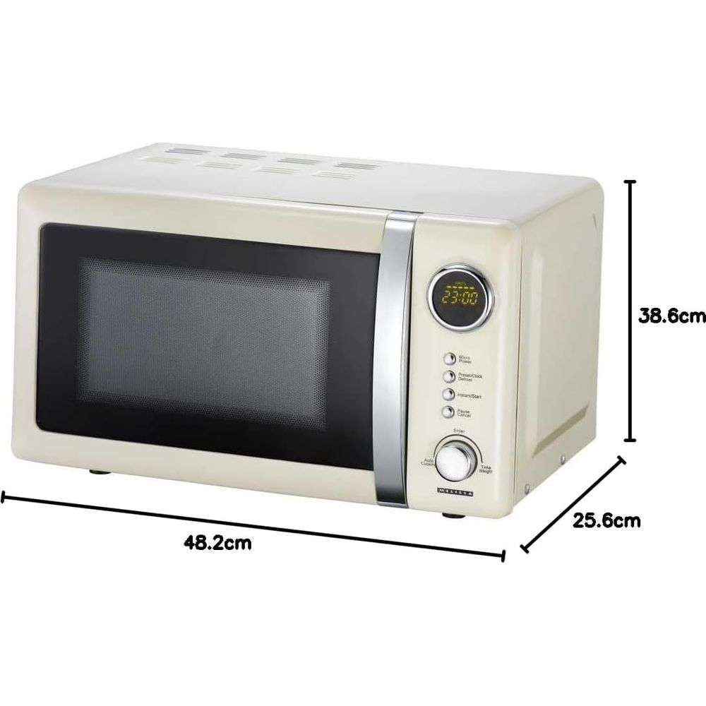 Un forno a microonde color crema con porta nera e display digitale.