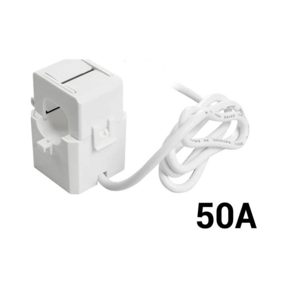 Transformador de corriente blanco con cable blanco y etiqueta 50A.