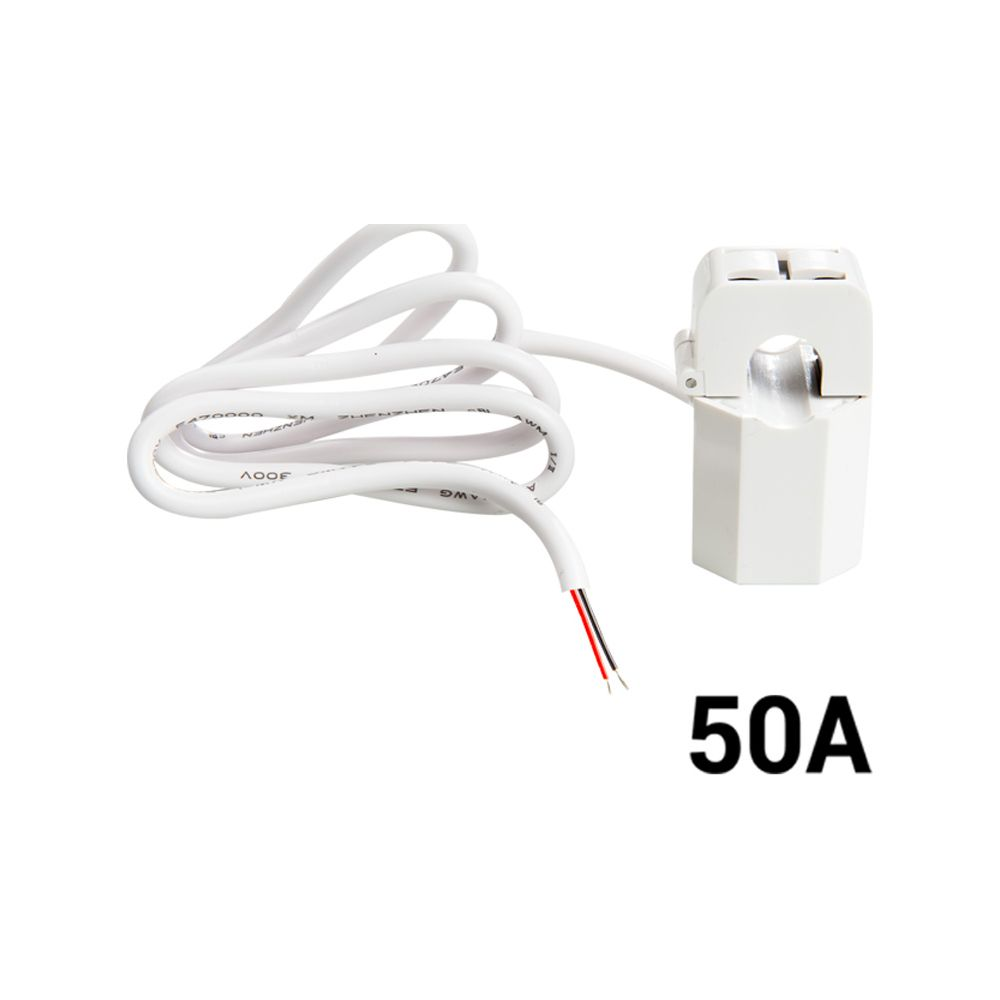 Transformador de corriente blanco con cable blanco y etiqueta 50A.