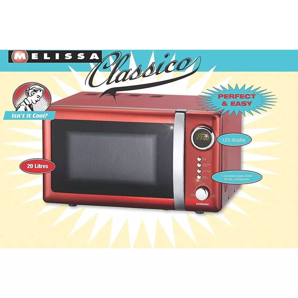 Forno a microonde rosso retrò con scritta "Classico" e pannello comandi.