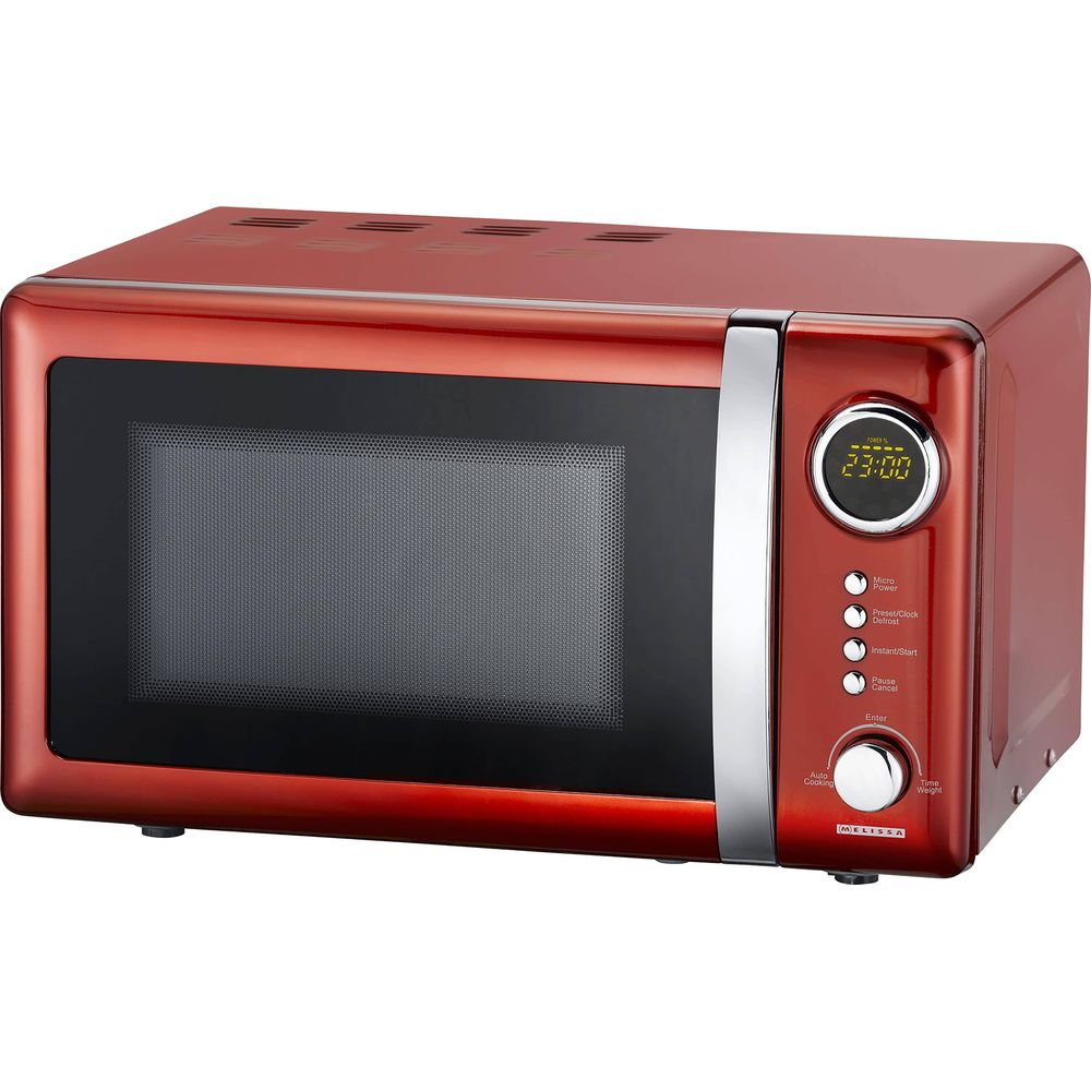 Un forno a microonde retrò rosso con display digitale e pulsanti.