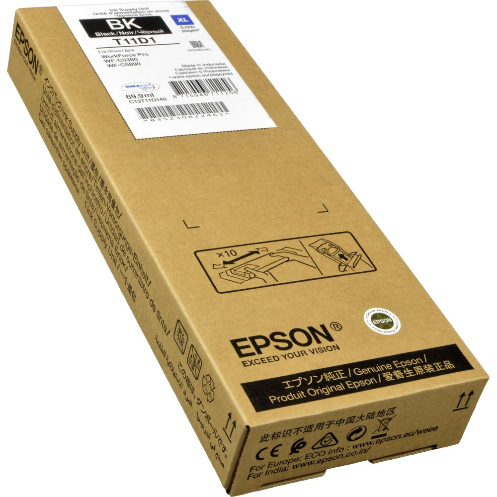 Czarny wkład atramentowy Epson T11D1 XL na brązowym opakowaniu ze szczegółami produktu.