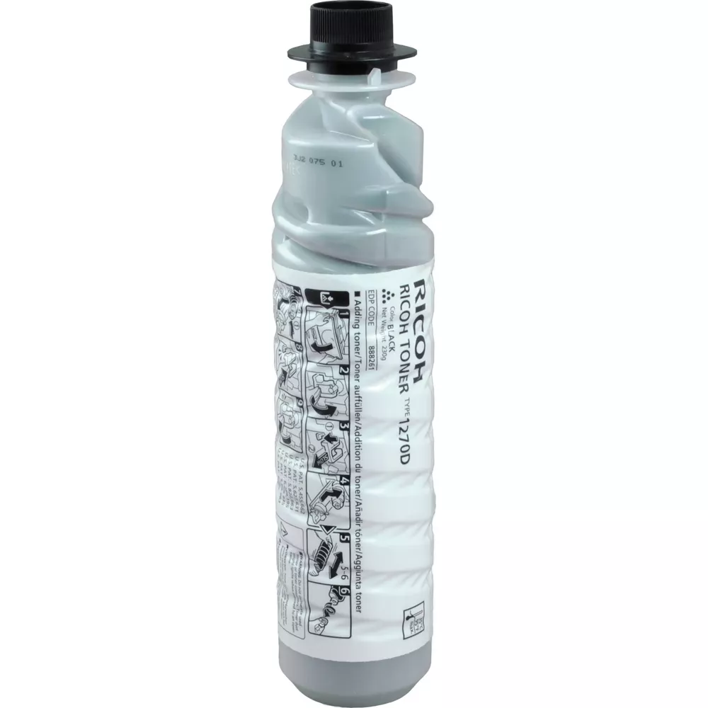 Una bottiglia di toner Ricoh grigia con tappo nero e istruzioni.