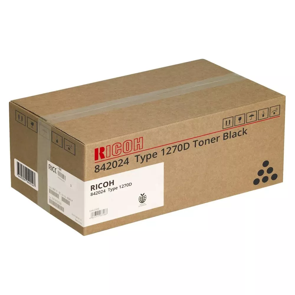 Una scatola di toner Ricoh marrone per Tipo 1270D Nero.