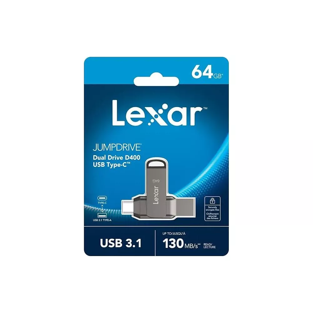 Lexar Jumpdrive D400 64 Go USB 3.1 double clé avec connecteurs Type-C et Type-A.