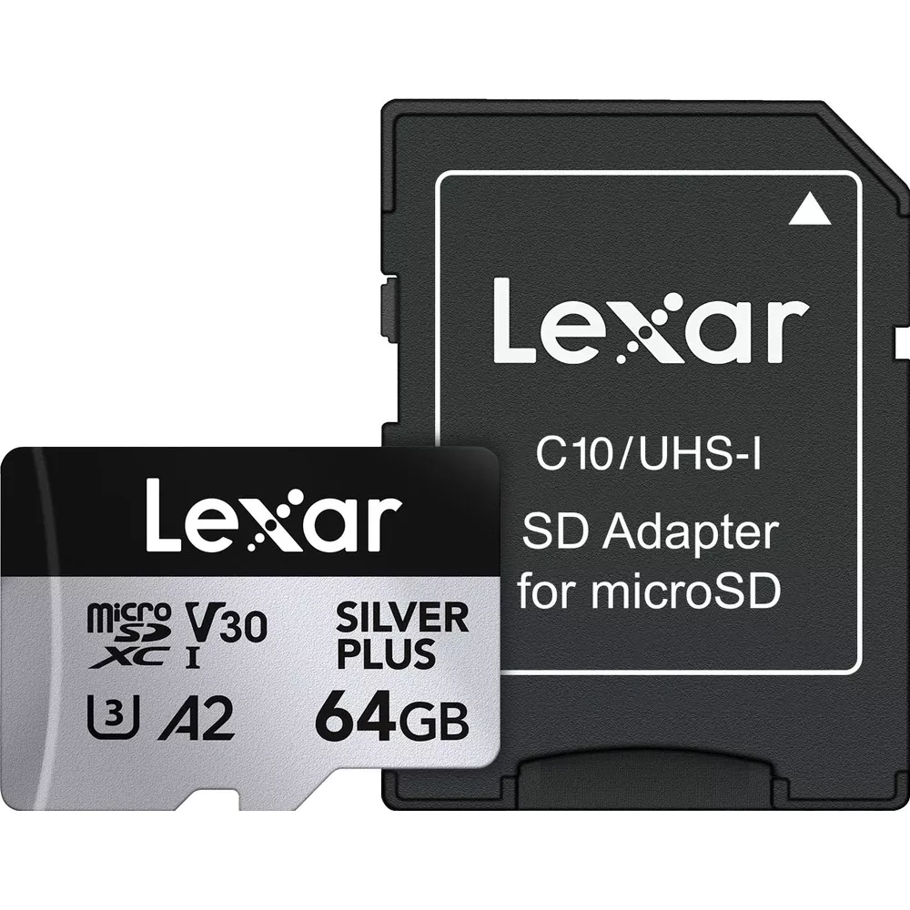 Scheda microSD Lexar da 64GB con adattatore SD. V30, A2, C10/UHS-I.