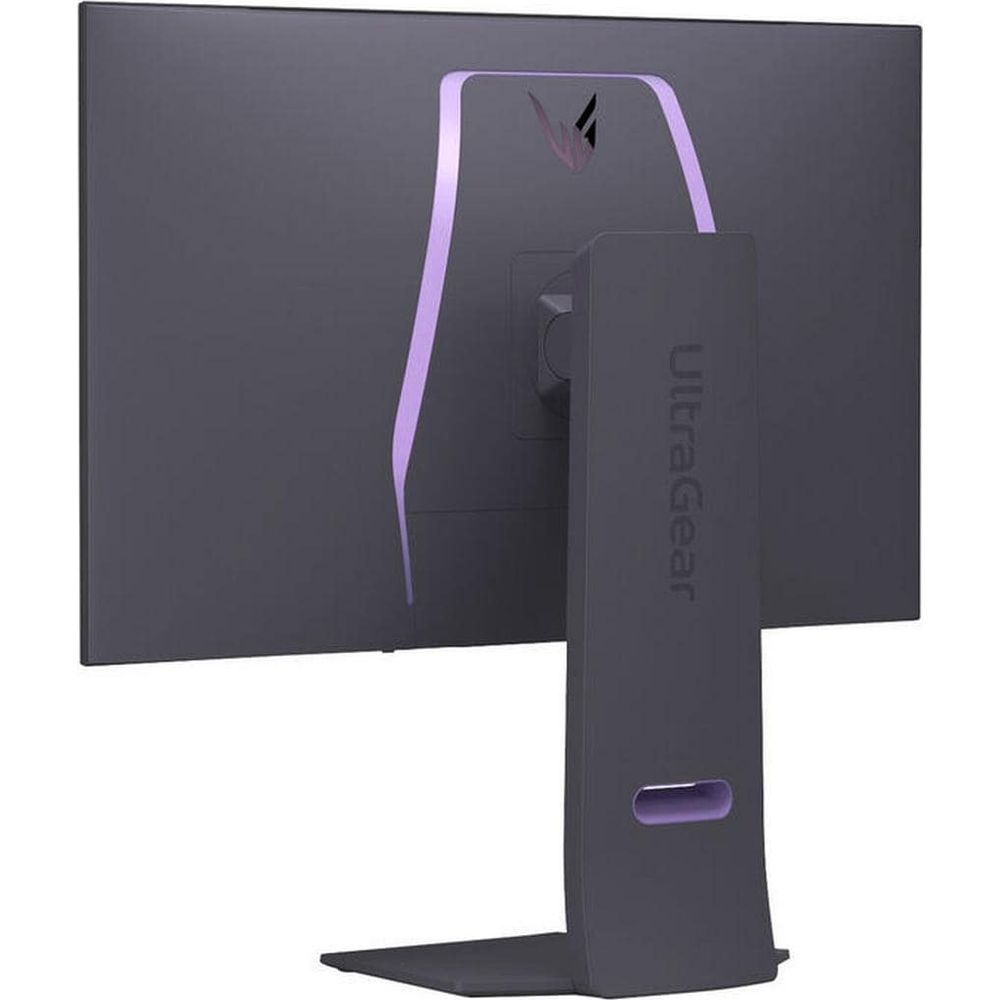 Tył ciemnego monitora z fioletowymi akcentami i logo Ultragear.