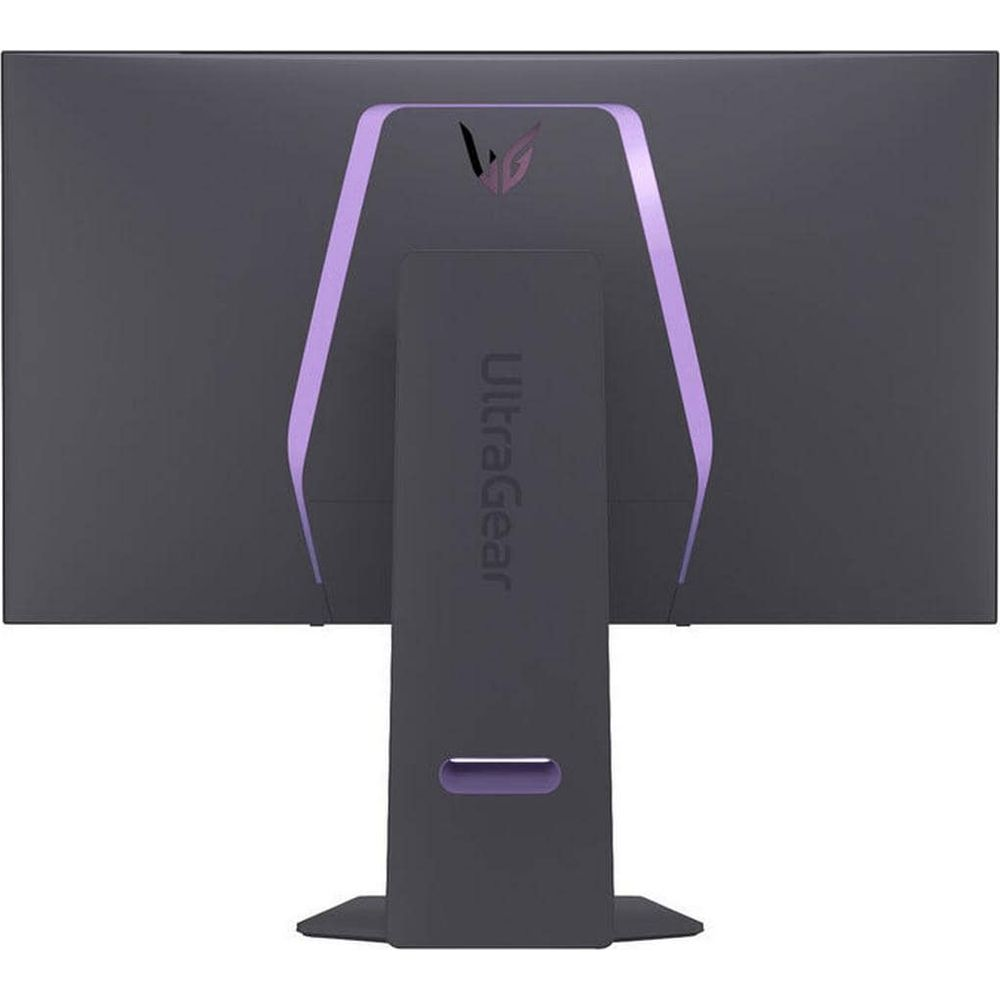 Tył szarego monitora z fioletowymi akcentami i logo.