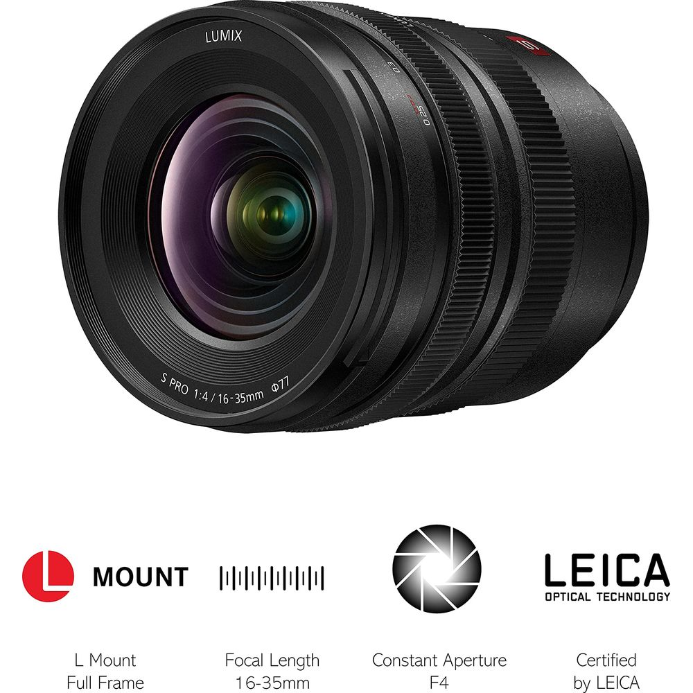 Un objectif Lumix S Pro 1:4/16-35mm avec monture L et filtre de 77mm.