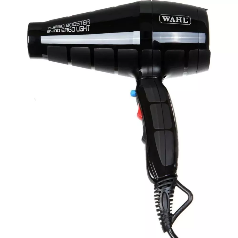 Un asciugacapelli Wahl nero con testo "TURBO BOOSTER 3400 ERGO LIGHT".