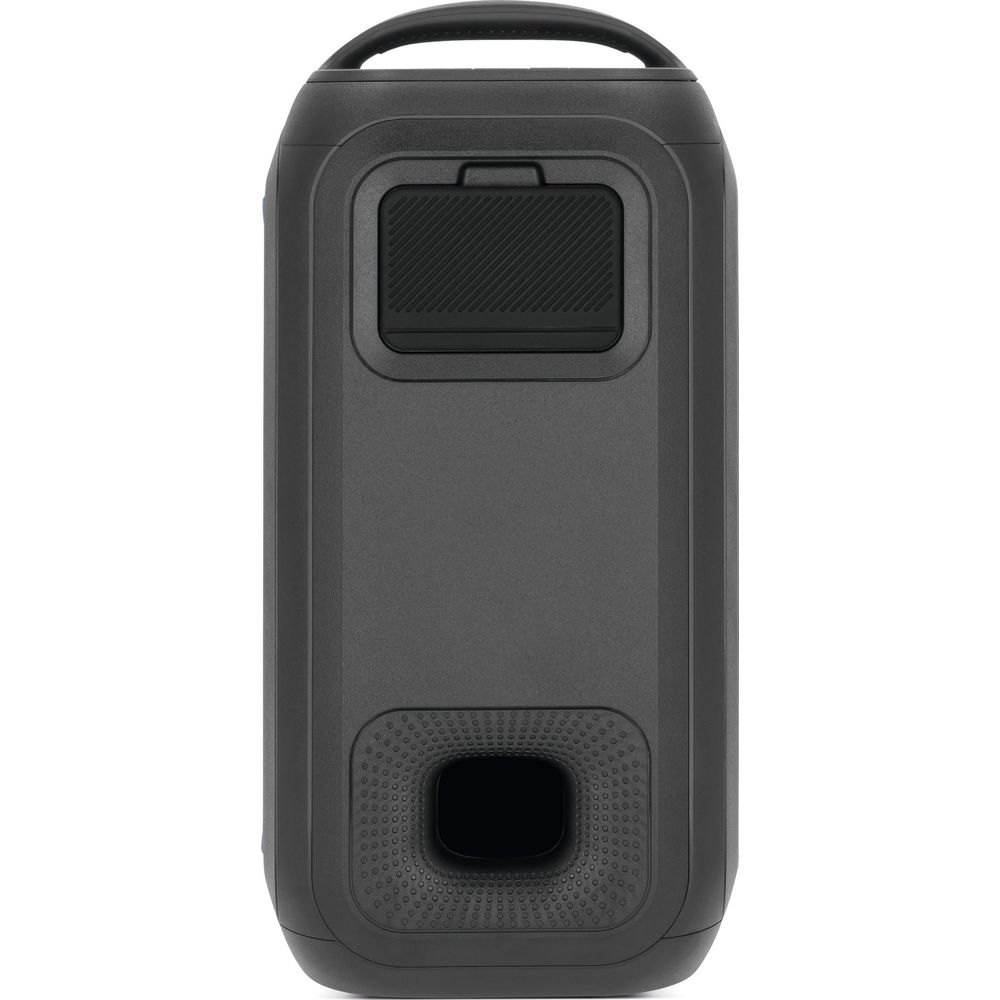 Ein schwarzer Bluetooth-Lautsprecher mit Griff und gerippter Abdeckung oben.