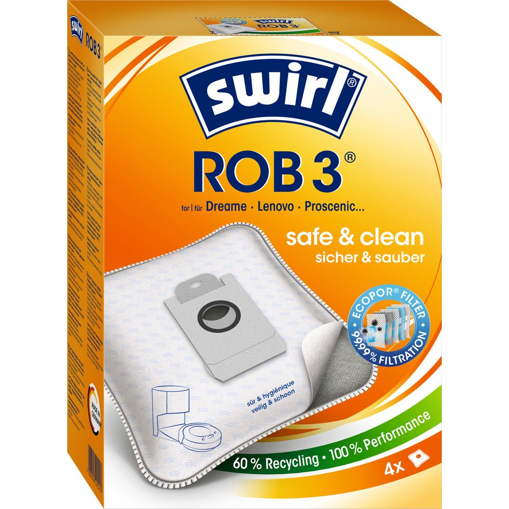 Verpackung für Swirl ROB 3 Staubsaugerbeutel mit Filter und 60% Recycling.