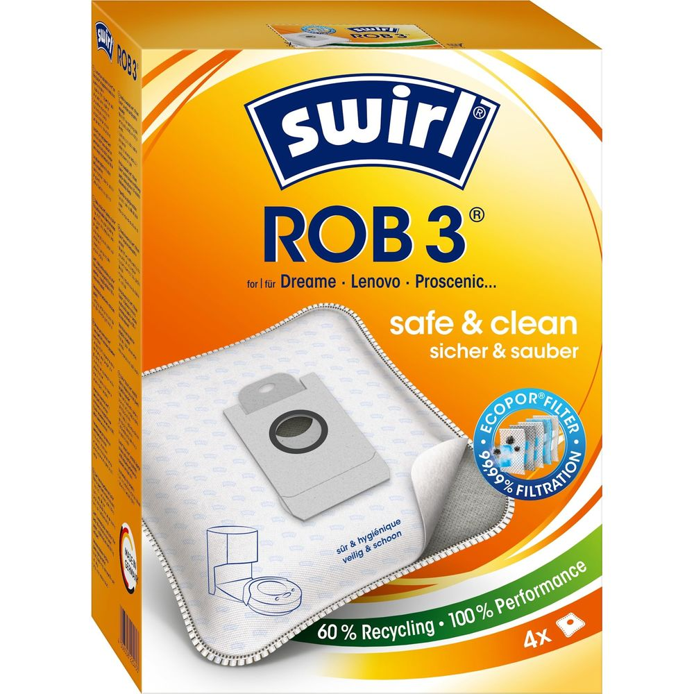 Verpackung für Swirl ROB 3 Staubbeutel mit Filter und Leistungshinweisen.