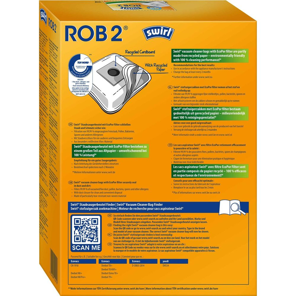 Paquete de bolsas para aspiradora Swirl Rob 2 de papel reciclado con filtro EcoPor.
