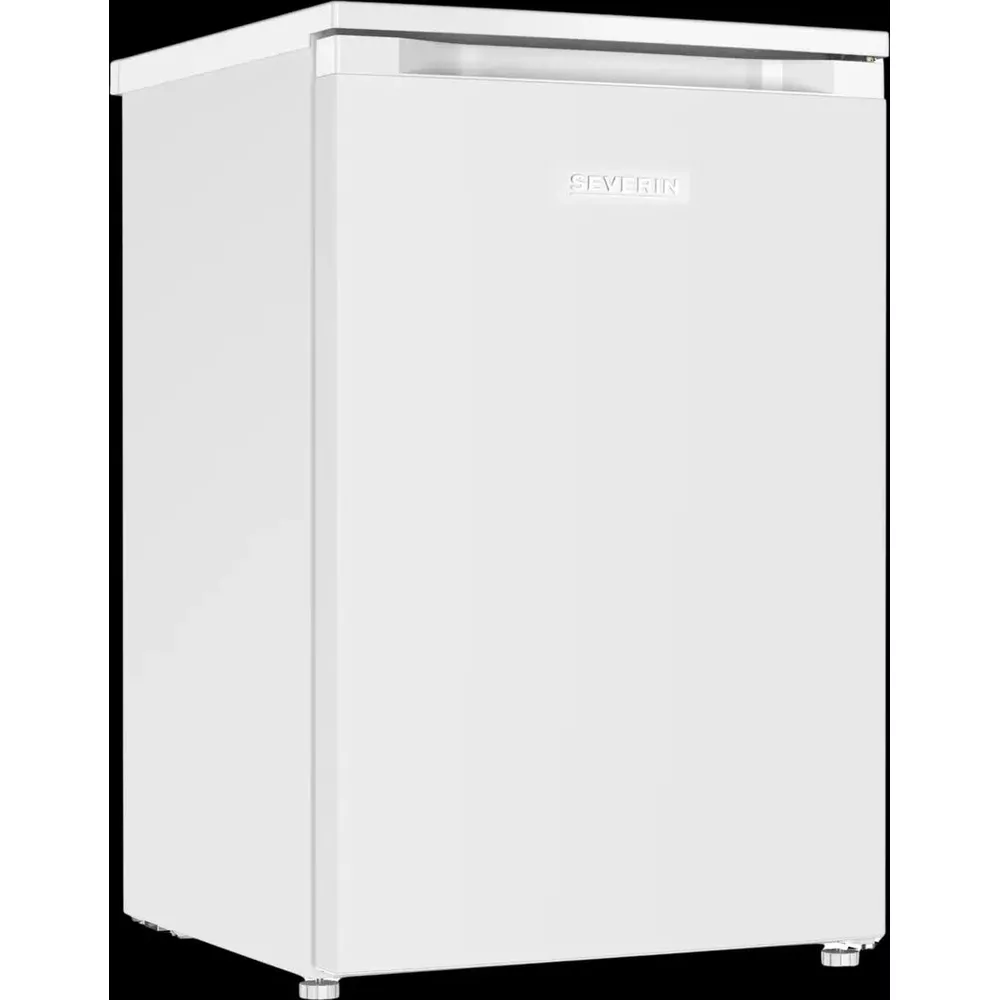 Ein kleiner weißer Kühlschrank mit dem Severin-Logo.