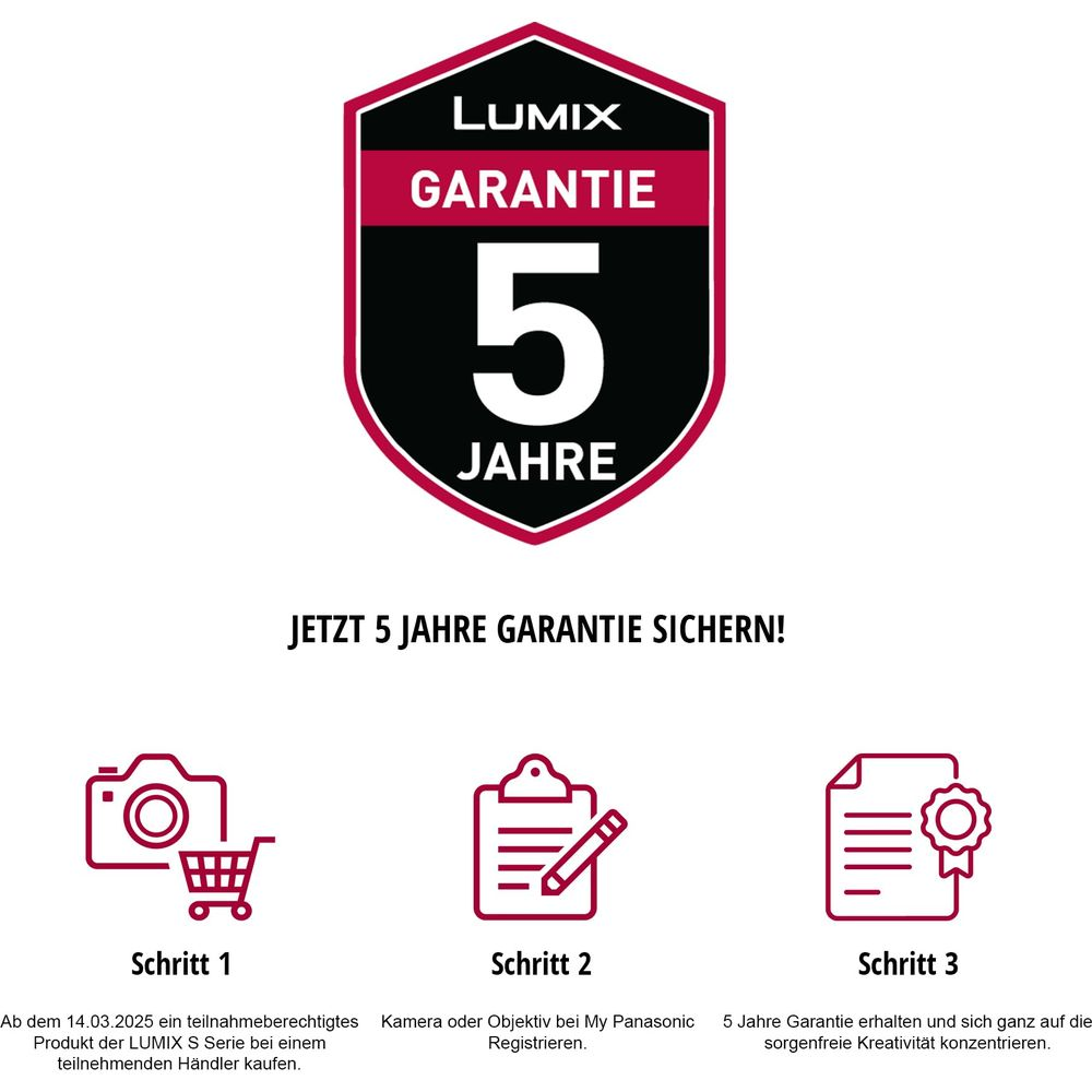 LUMIX 5 Jahre Garantie Logo mit Schritten: Kaufen, Registrieren, Garantie erhalten.