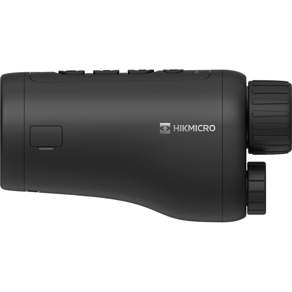 Dispositivo HIKMICRO nero con pulsanti e ghiere di regolazione laterali.