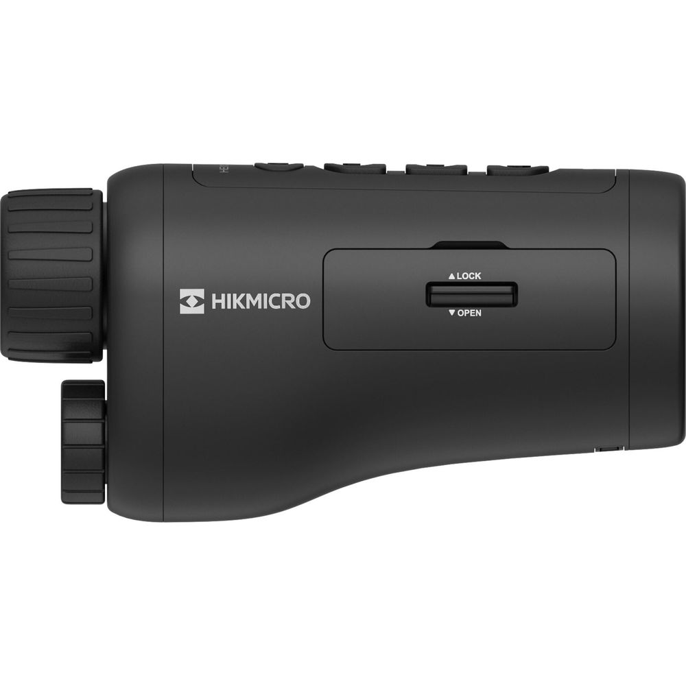 Dispositivo per la visione notturna nero con logo HIKMICRO e meccanismo di blocco/apertura.