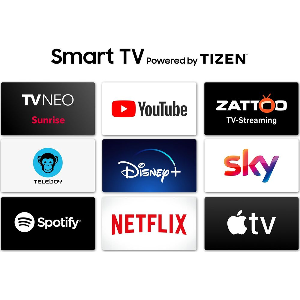 Smart TV con Tizen mostra loghi app: TVNEO, YouTube, Zattoo, Teleboy, Disney+, Sky, Spotify, Netflix, Apple TV.