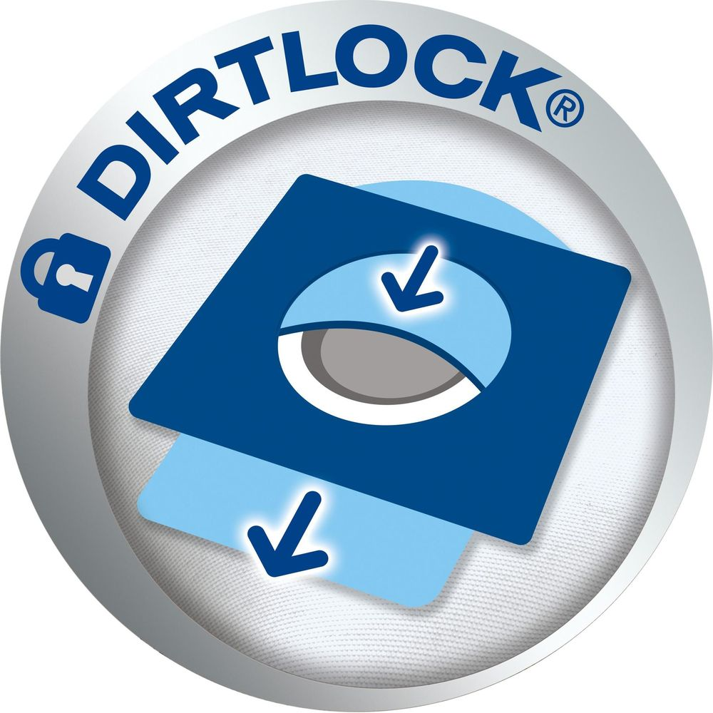 Logo con símbolo de candado y texto DIRTLOCK. Muestra bolsas azules con flechas hacia abajo.