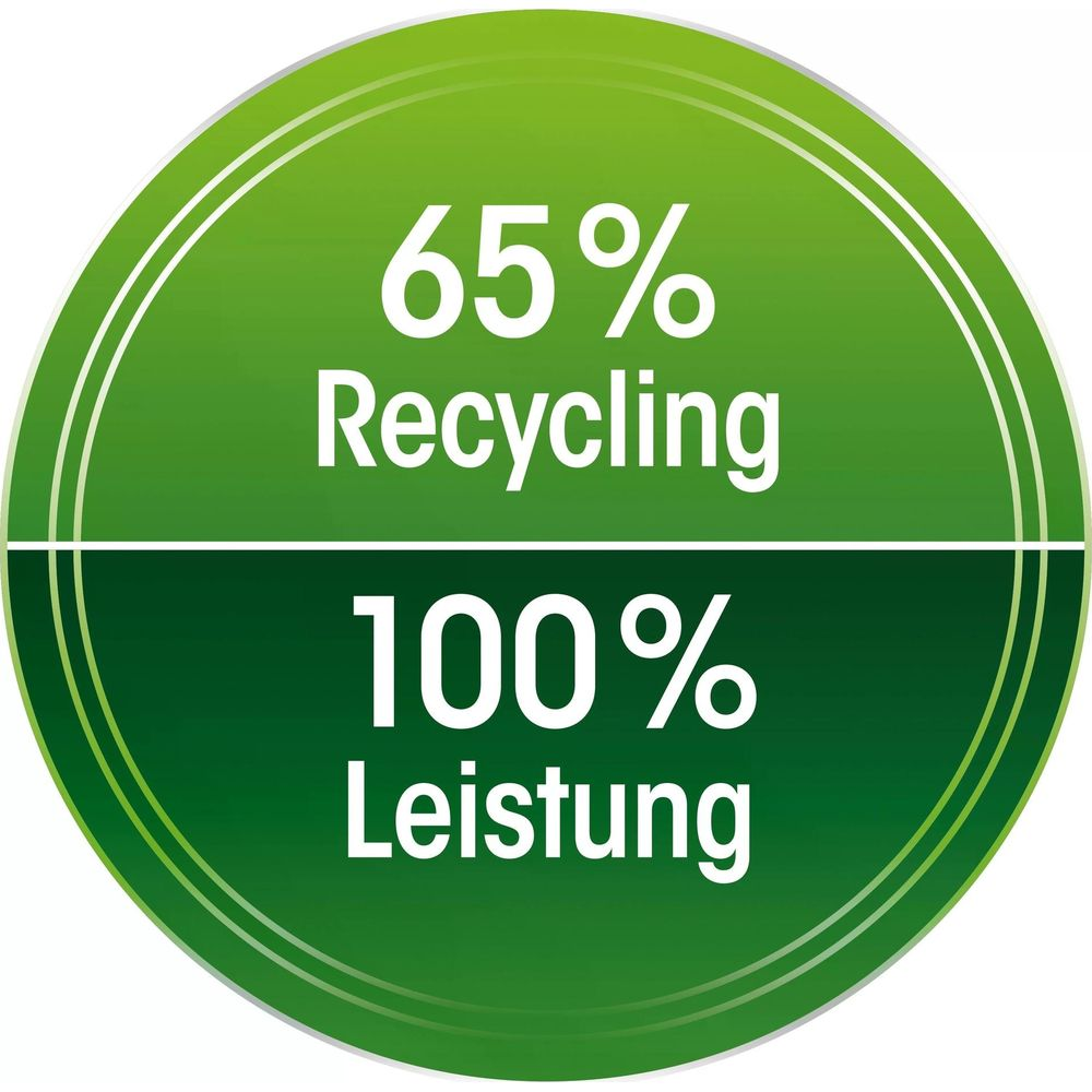 Círculo verde con texto: 65% Reciclaje, 100% Rendimiento.