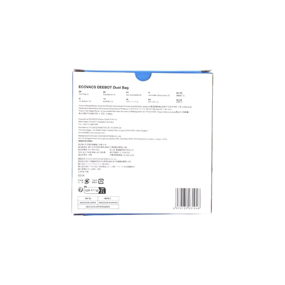 Confezione per Sacchetto Polvere ECOVACS DEEBOT con informazioni multilingue.