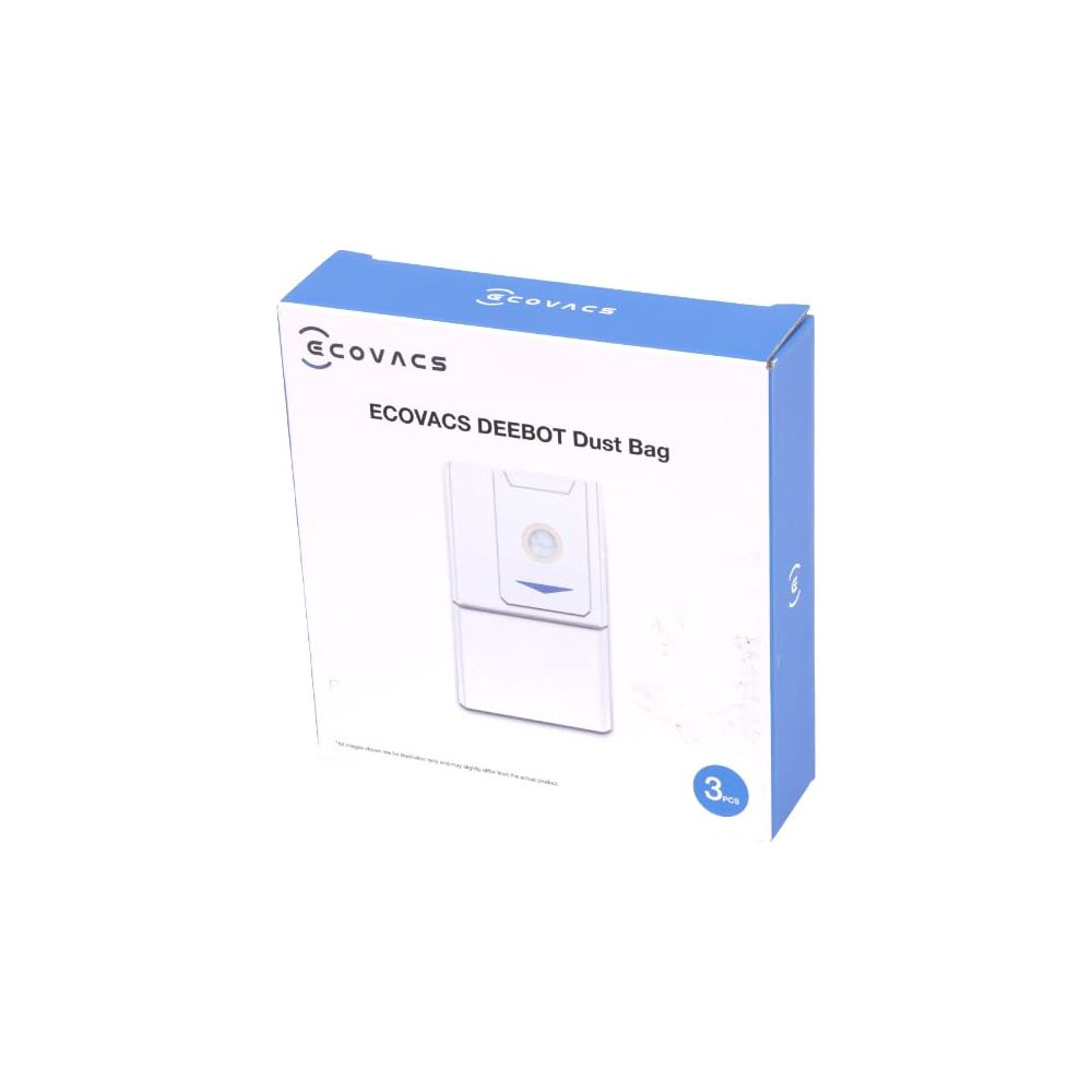 Confezione bianca sacco polvere ECOVACS DEEBOT con testo e immagine blu.