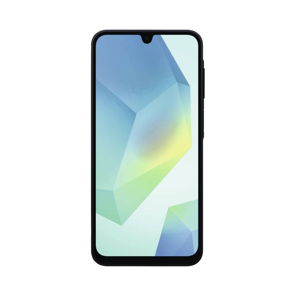 Un smartphone negro con un fondo abstracto y geométrico en la pantalla.