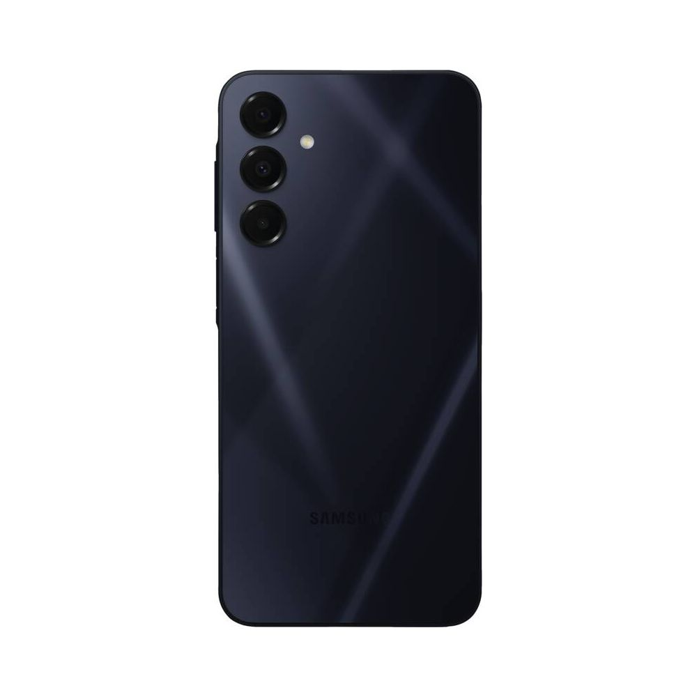 Teléfono inteligente azul oscuro con tres lentes de cámara y flash arriba a la izquierda.