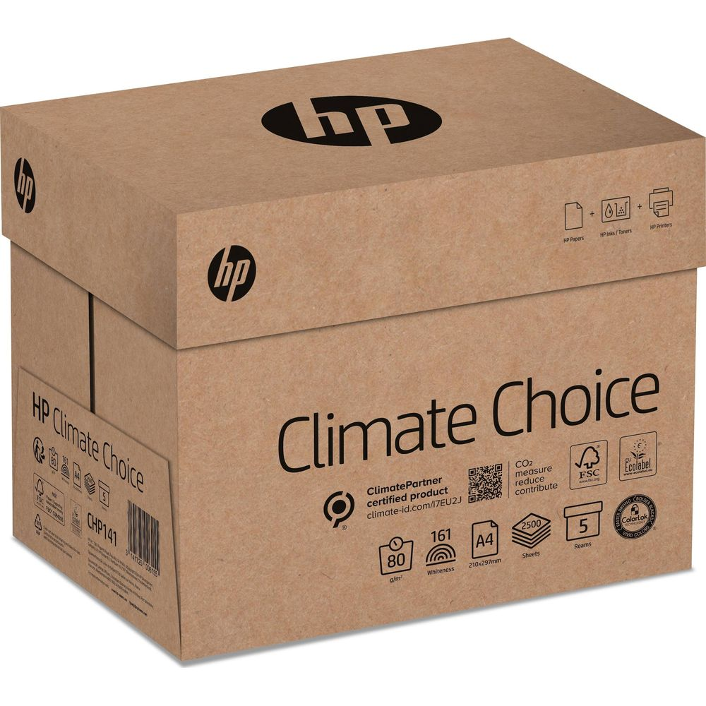 HP Climate Choice Papierkiste mit HP-Logo, A4-Größe, 80 g/m², 2500 Blatt.