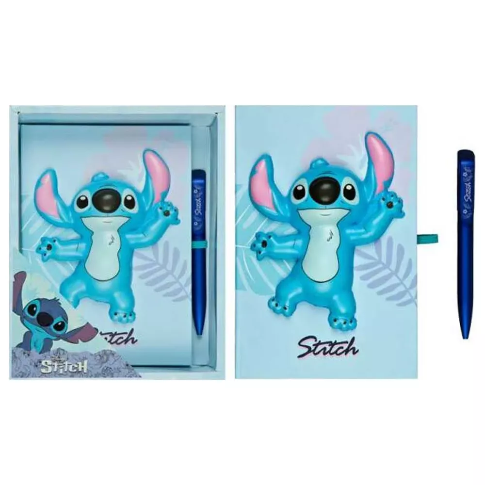 Ein blauer Stitch-Notizblock mit passendem Stift, verpackt und einzeln.