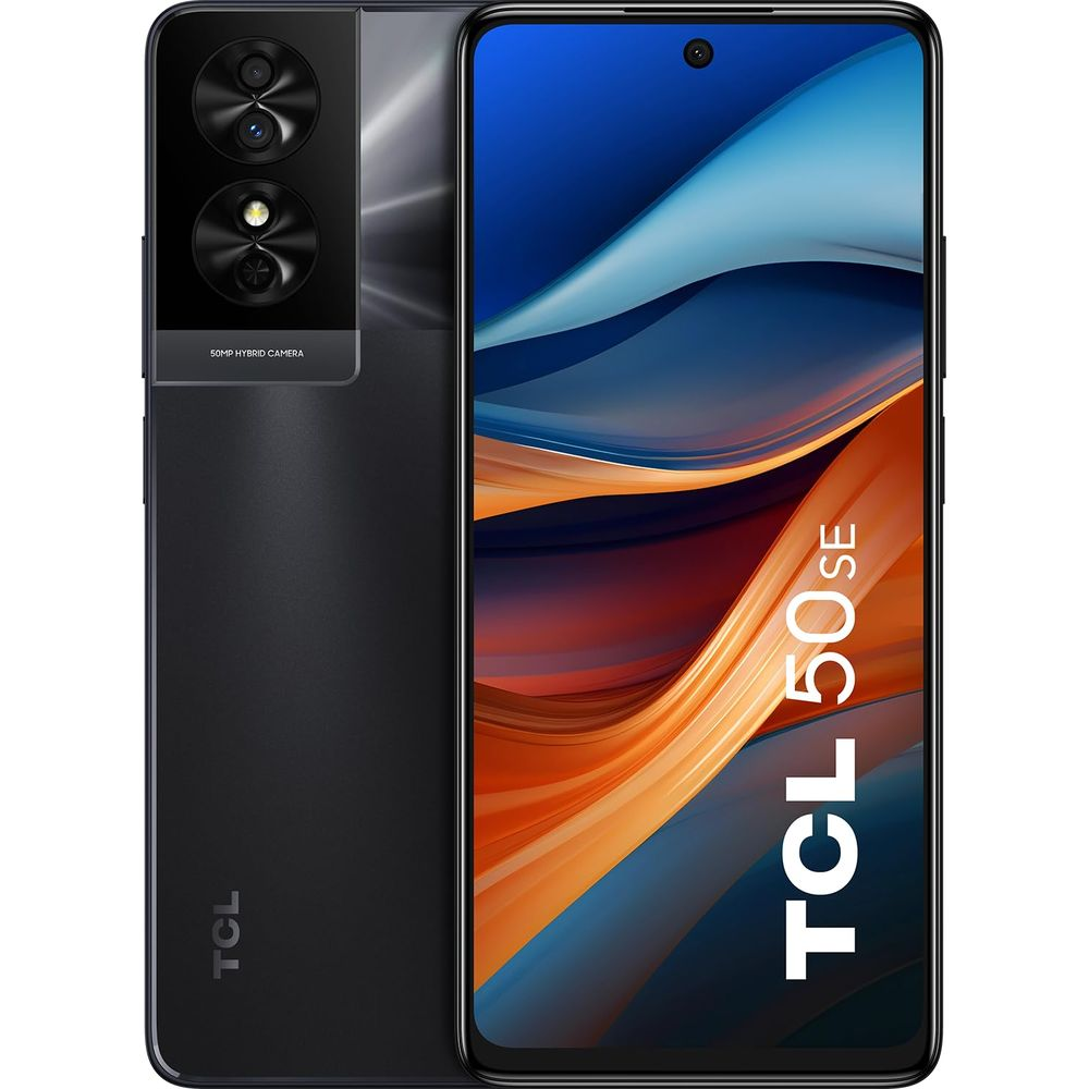 Uno smartphone TCL 50 SE nero con doppia fotocamera posteriore e display colorato.