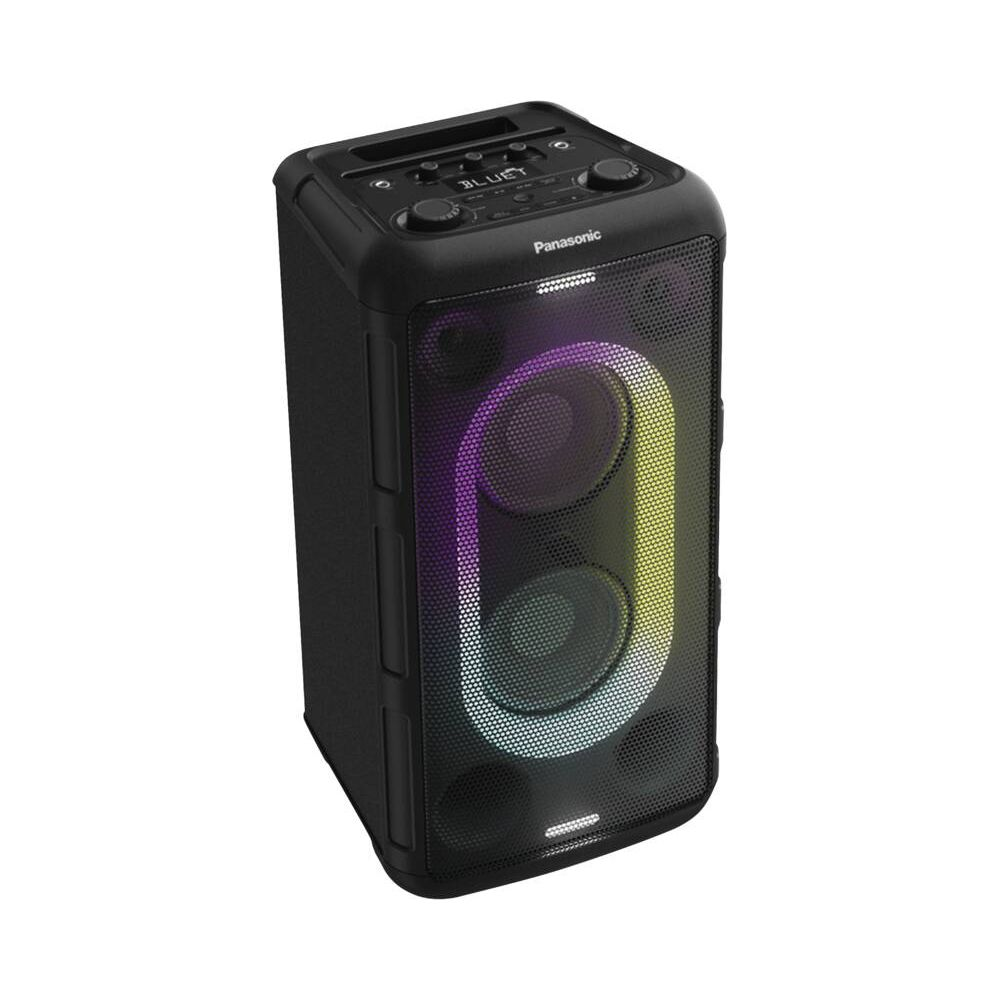 Czarny głośnik Bluetooth Panasonic z kolorowymi światłami i elementami sterującymi na górze.