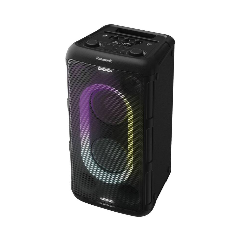 Czarny głośnik Panasonic z kolorowymi światłami i dwoma głośnikami niskotonowymi.