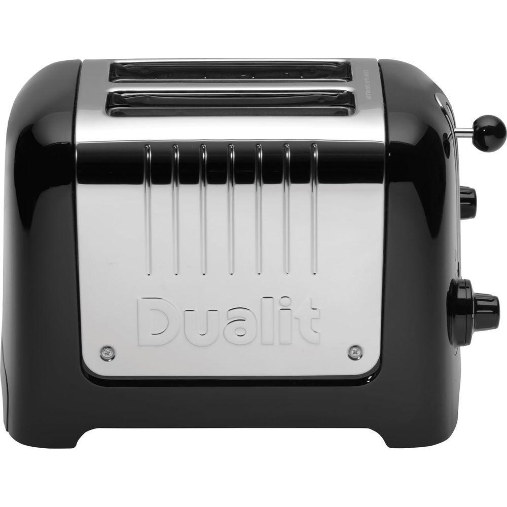 Ein glänzender schwarzer Toaster mit Chromakzenten und dem Dualit-Logo.