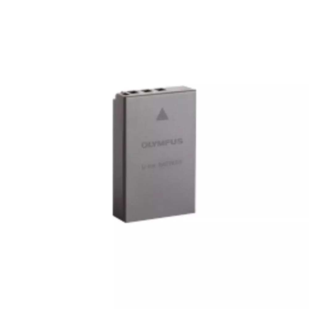 Grauer Olympus Akku mit drei Kontakten oben und Logo.