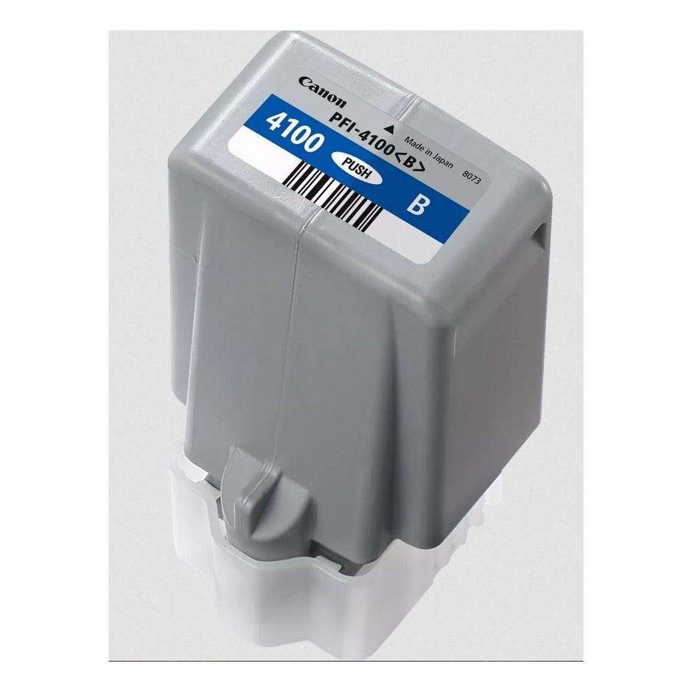 Szara kaseta z tuszem Canon PFI-4100 B z niebieską etykietą i kodem kreskowym.