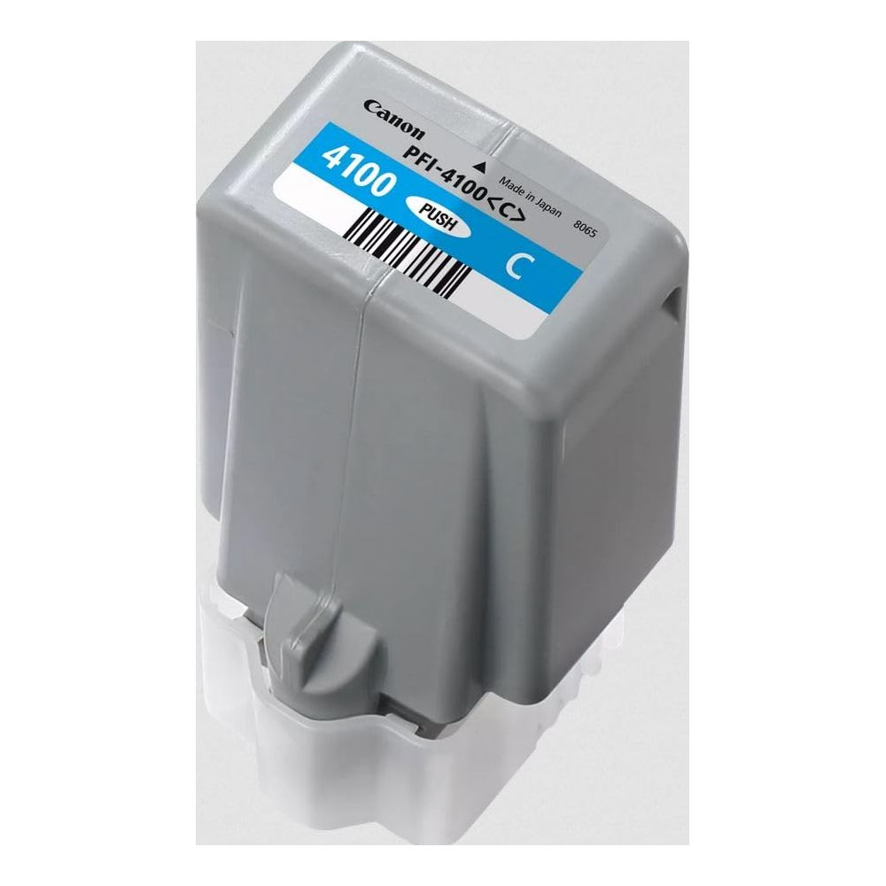 Szara kaseta z tuszem Canon PFI-4100 C z niebieską etykietą i kodem kreskowym.