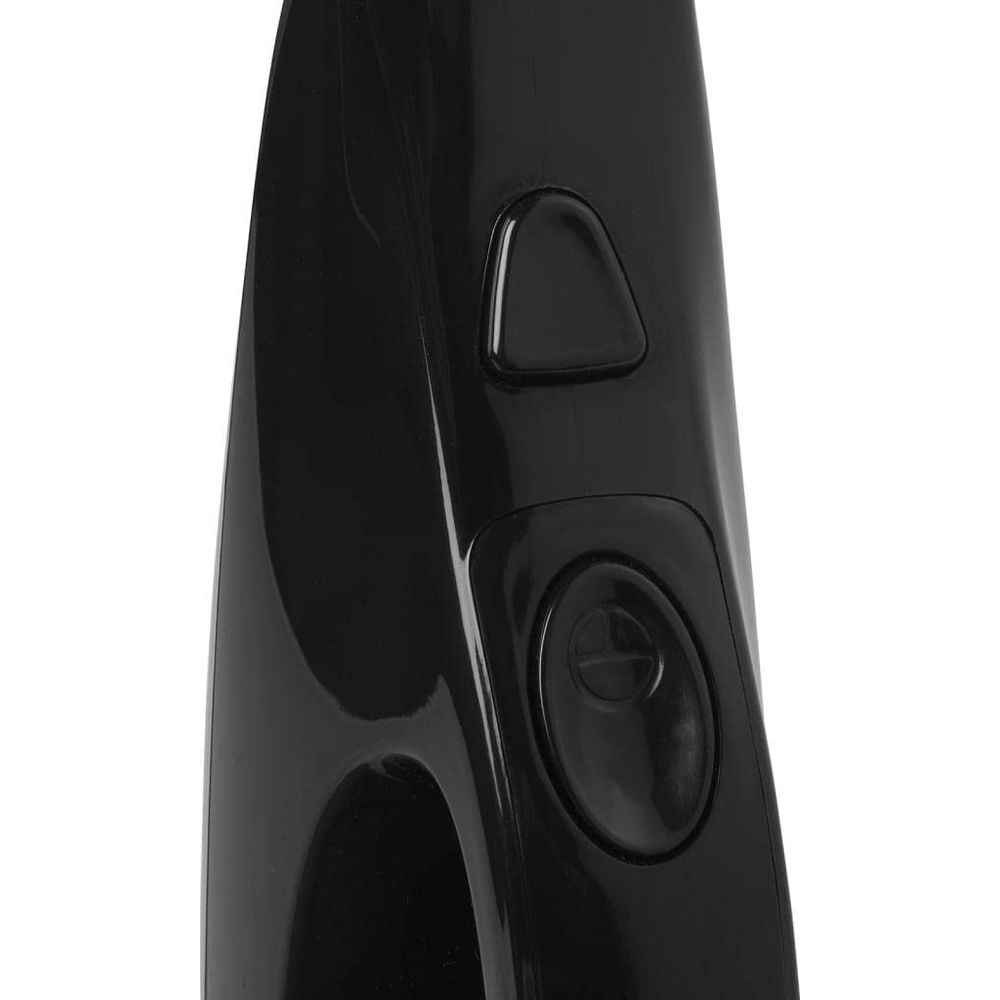 Nahaufnahme eines schwarzen Geräts mit zwei Tasten. Eine Taste ist dreieckig, die andere oval.