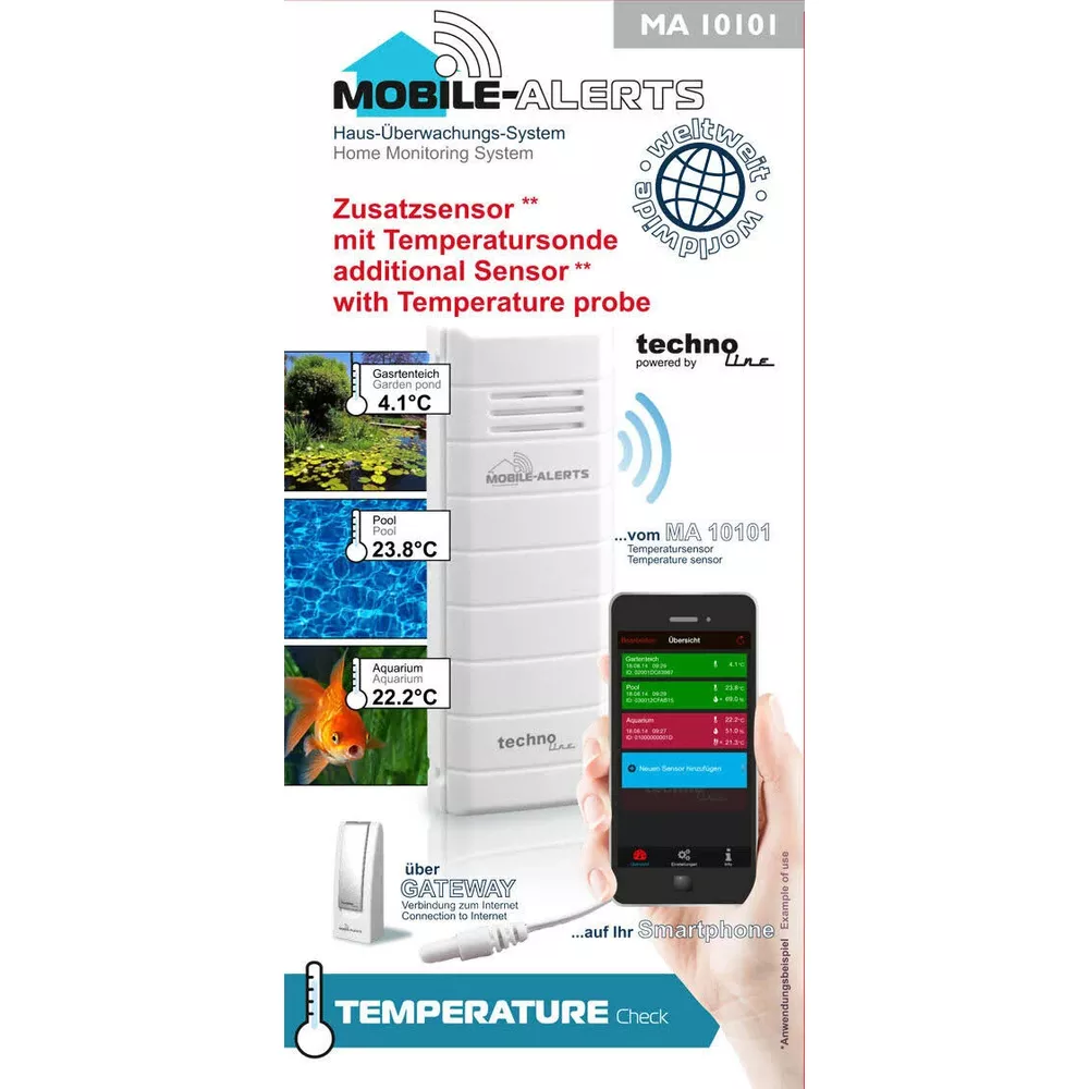 Mobile-Alerts System mit Temperatursensoren für Gartenteich, Pool, Aquarium auf Handy.